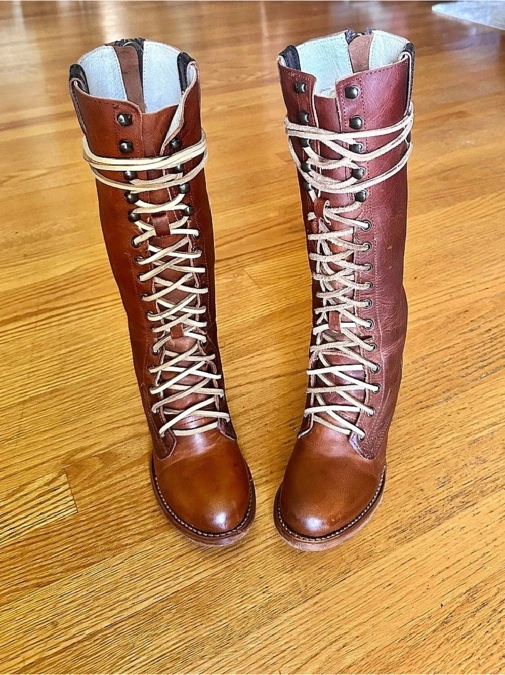 Freebird Granny knee high Lace-Up Heeled Boots in Brown, New,sole protection ad